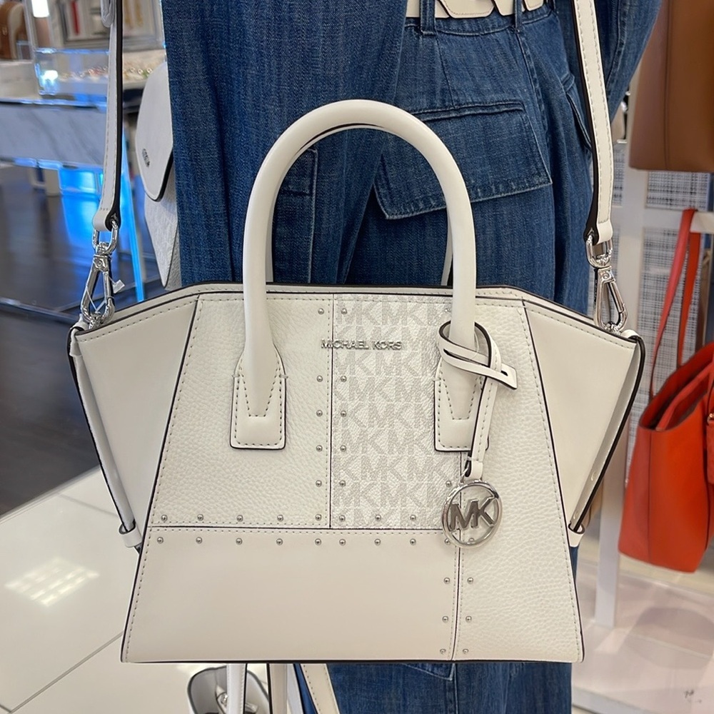 Michael Kors Avril Small Studded Patchwork and Signature Logo Satchel Crossbody - Picture 16 of 16
